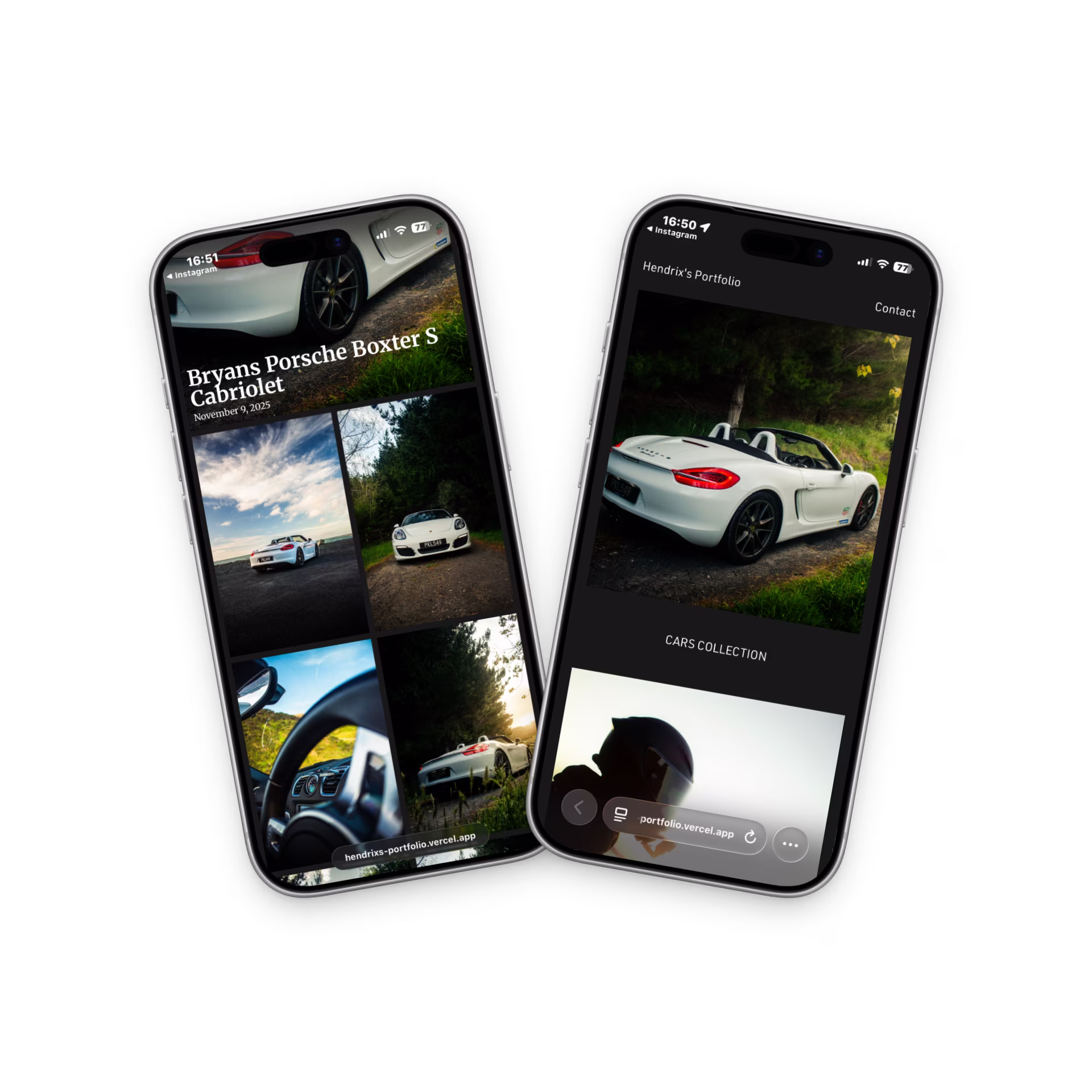 Hendrix car photography portfolio shown on two mobile phones