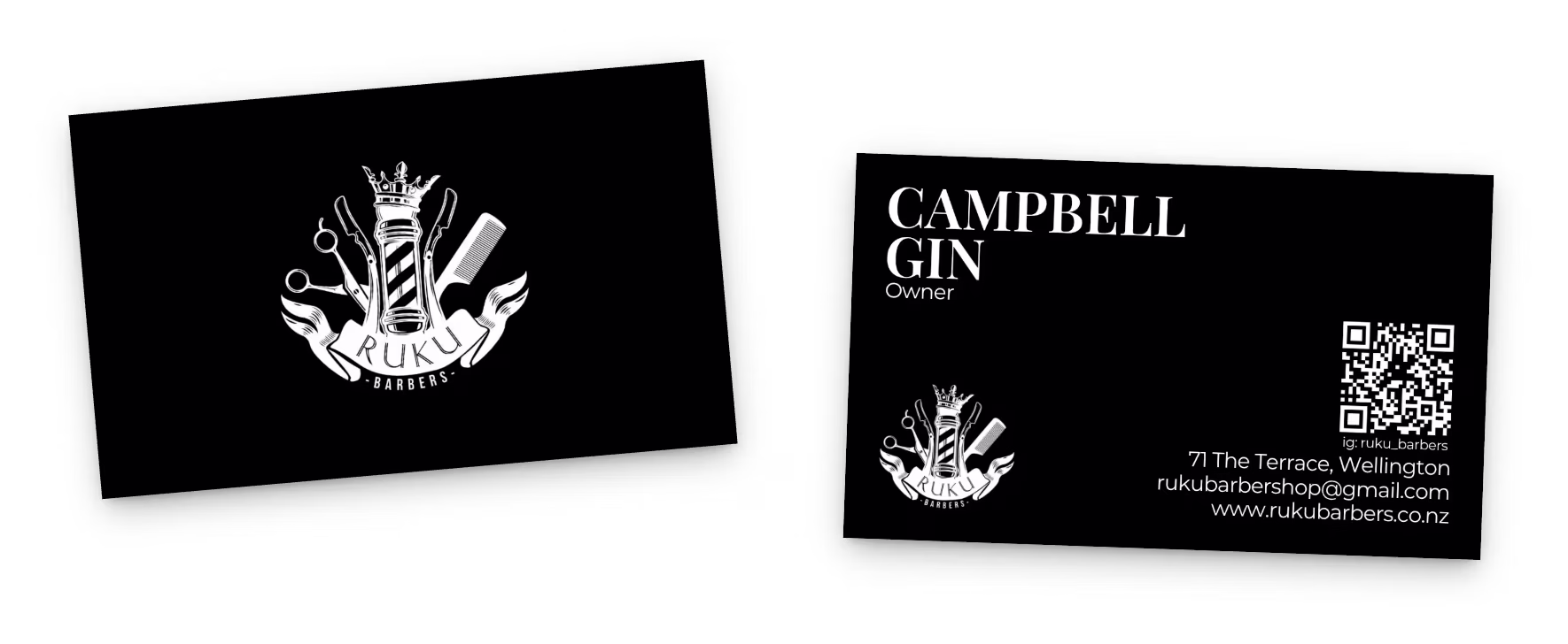 Ruku Barbers staff business card designed for Campbell Gin